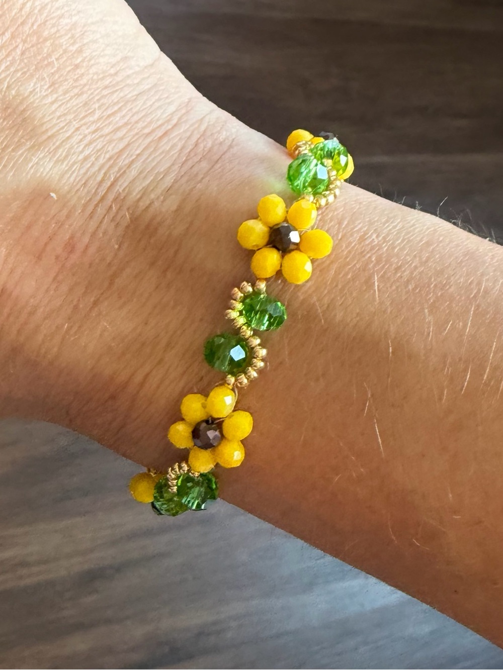 Handcrafted Yellow & Green Beaded Flower Bracelet
